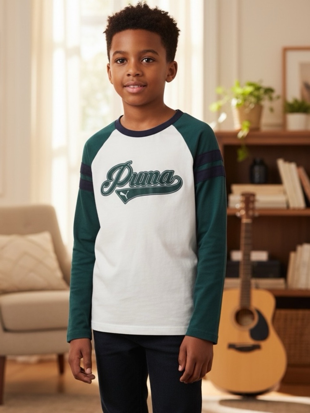 👛(ANY 2/$15) PUMA Logo Long Sleeved Green|Blue|White Tee Size 8. VIDEO